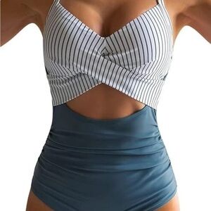 🚘Striped White & Slate Blue Twist Cutout One-Piece Swimsuit EOMENIE size small